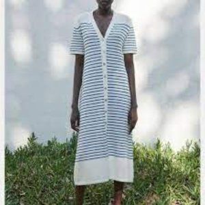 ZARA White and Blue Stripe Short Sleeve Sweater Long Dress Size M